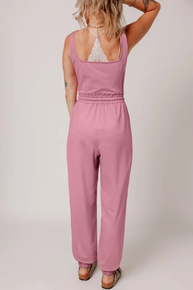 Light Pink Lace-up Elastic Waist Sleeveless Square Neck Jumpsuit - Love Salve